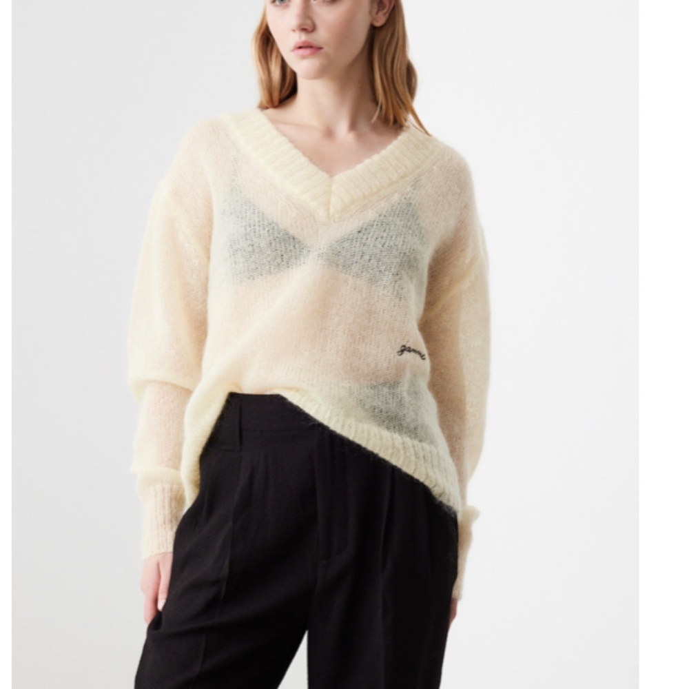 Ganni Open Mohair V Neck Cream Embroidered Sweater Large/ XL